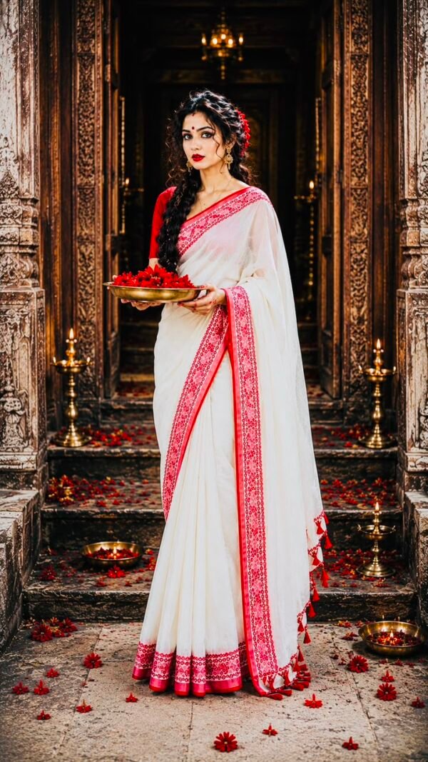 Mangal </br> Bengal Handloom Cotton Saree in White with Red Woven Border