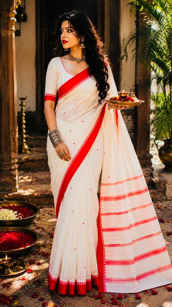 Arghya </br> Cotton Silk Saree in White with Red Buti and Temple Border