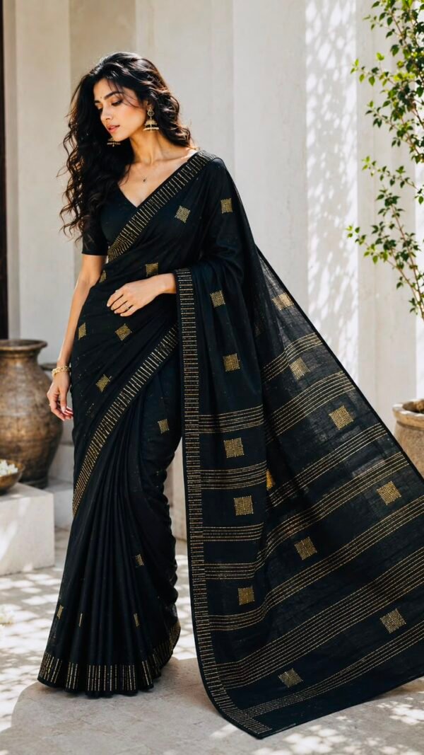 Nisha </br> Mercerised Cotton Saree in Black with Gold Gicha Buti and Zari Stripe Border