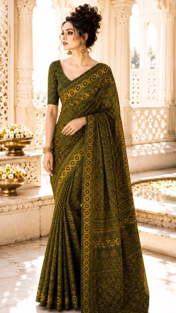 Aranya </br> Modal Ajrak Saree in Forest Green with Gold Black All-Over Print