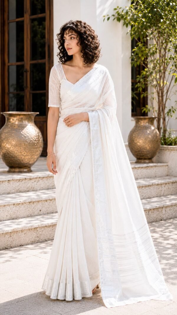 Sveta </br>Pure Linen-by-Linen Saree in Off-White with Self-Stripe Border