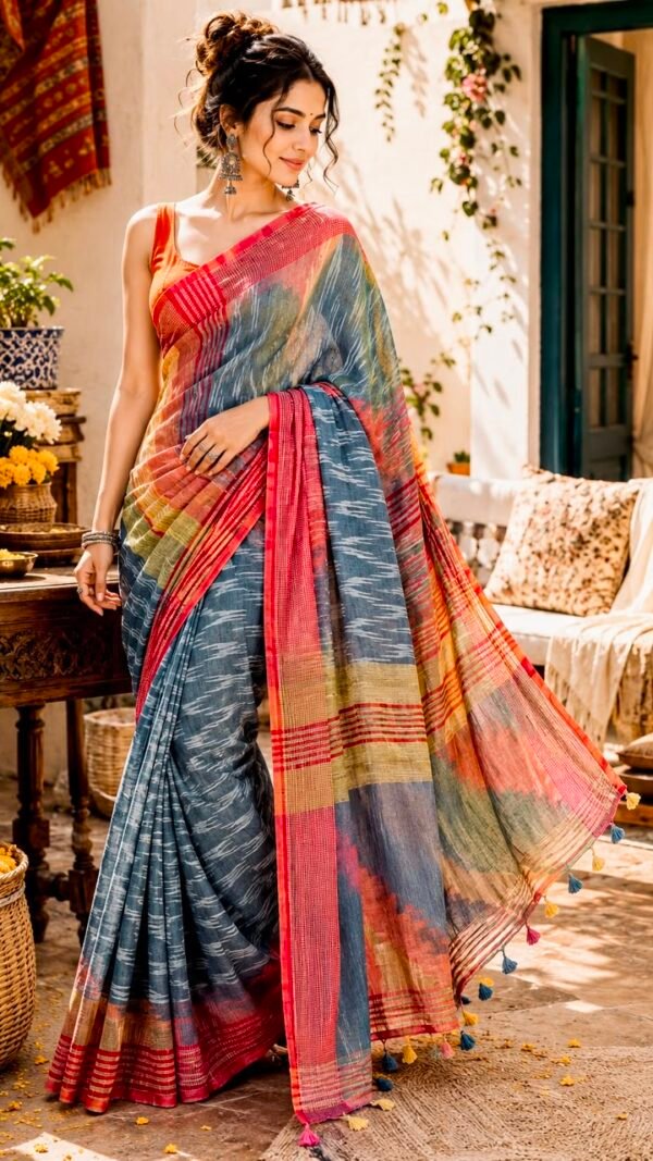 Megh </br> Linen Cotton Ikat Saree in Navy Blue with Multicolour Pallu and Tassels