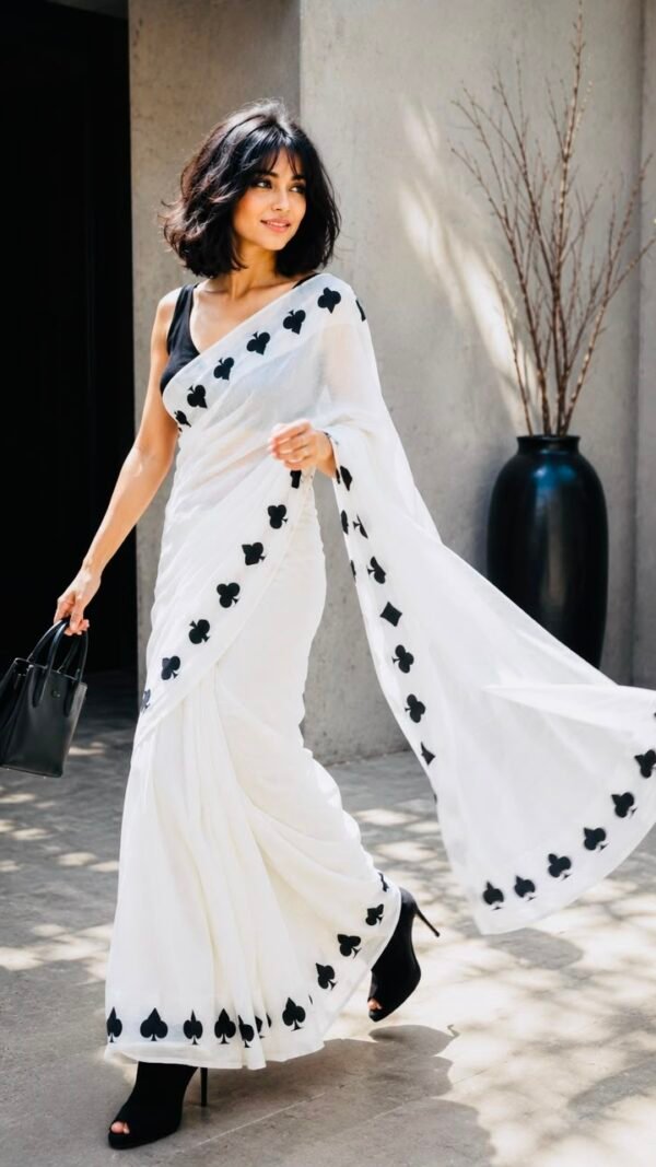 Khel </br>Cotton Saree in White with Playing Card Suit Border