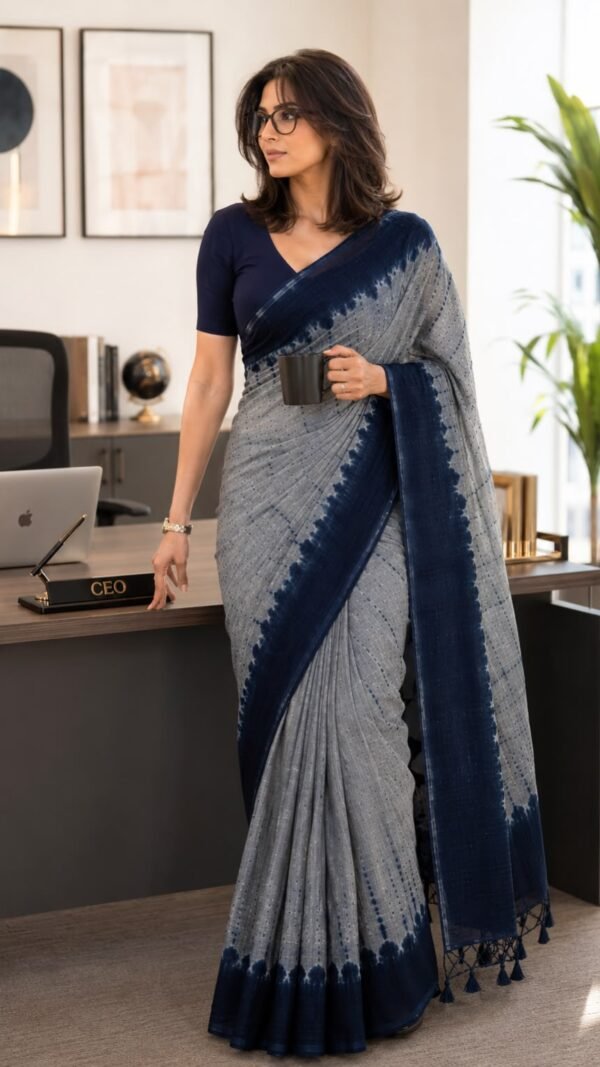 Nisha </br> Mercerised Cotton Saree in Black with Gold Gicha Buti and Zari Stripe Border