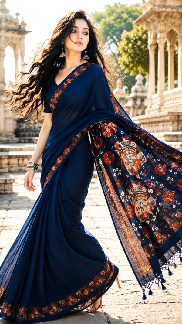 Katha </br> Cotton Saree in Midnight Navy with Kalamkari Folk Print Pallu