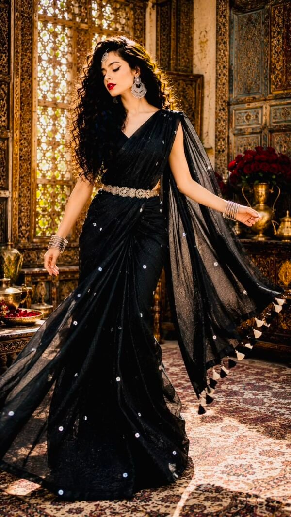 Sitara </br> Mul Cotton Saree in Black with Silver Sitara Buti and Black Tassels