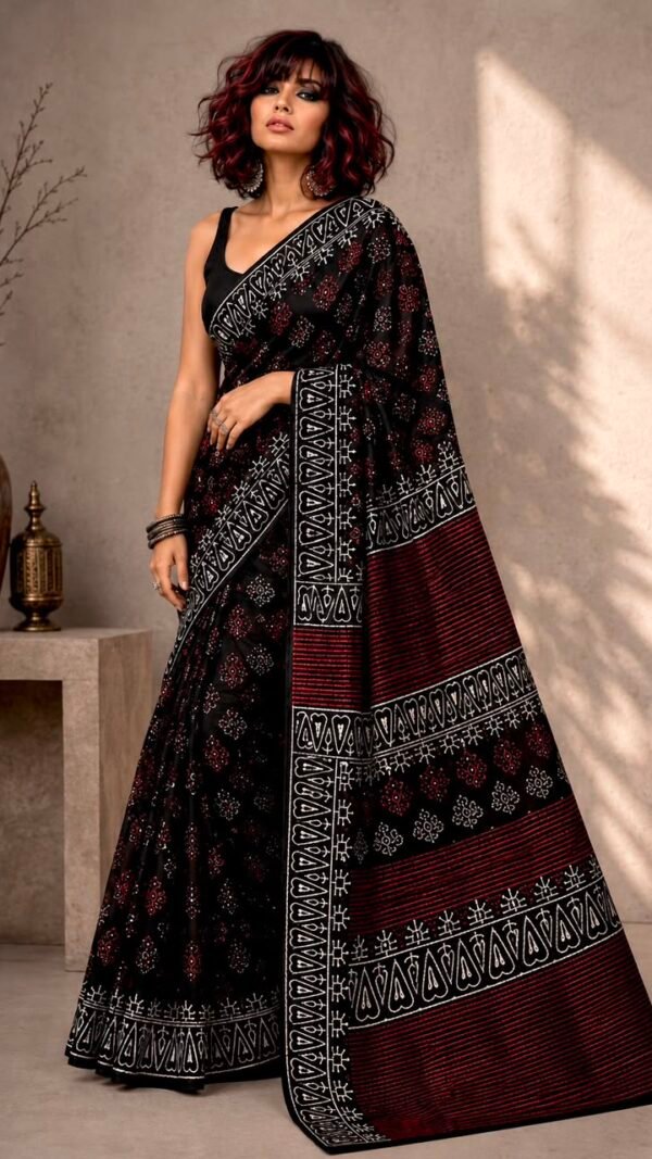 Rati </br>Bagru Block Print Cotton Saree in Black with Cream and Red Floral Buti