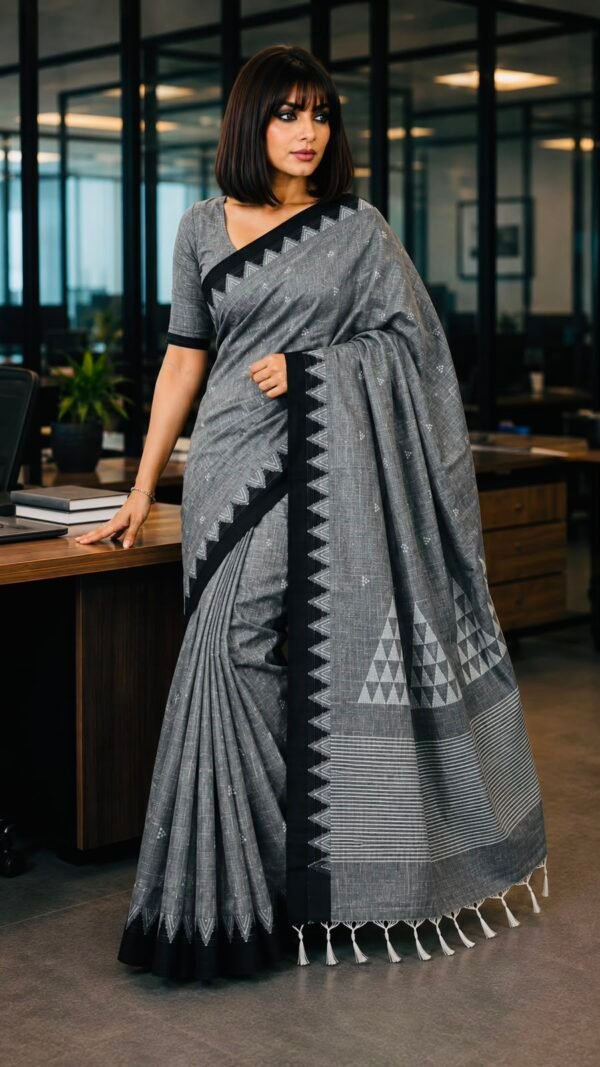 Kusum</br> Mul Cotton Saree in Lime Green with Hand-Painted Blossom Branch and Teal Tassels