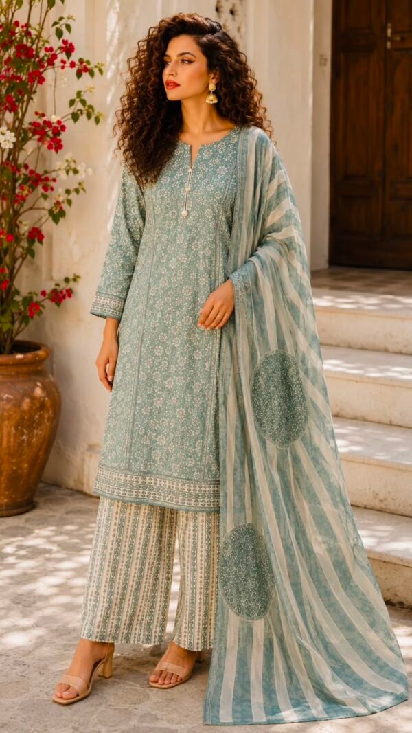 Feroza</br>Cotton Block Print Unstitched 3-Piece Suit in Feroza Teal