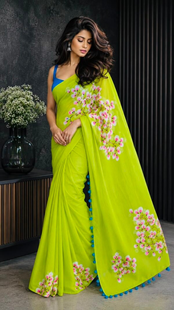 Kusum </br> Mul Cotton Saree in Lime Green with Hand-Painted Blossom Branch and Teal Tassels