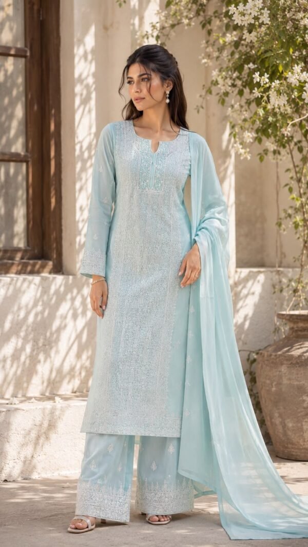 Shabnam</br>Chikankari and Kashmiri Kadai Embroidered Suit in Ice Blue