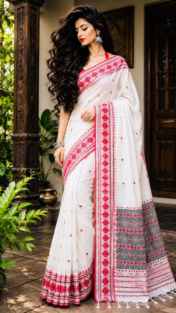 Shreya</br> Assam Khadi Cotton Saree in White with Red Geometric Buti and Border