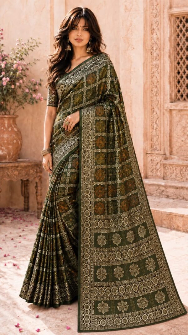 Shail </br> Assam Khadi Cotton Saree in Grey with Black Geometric Triangle Border