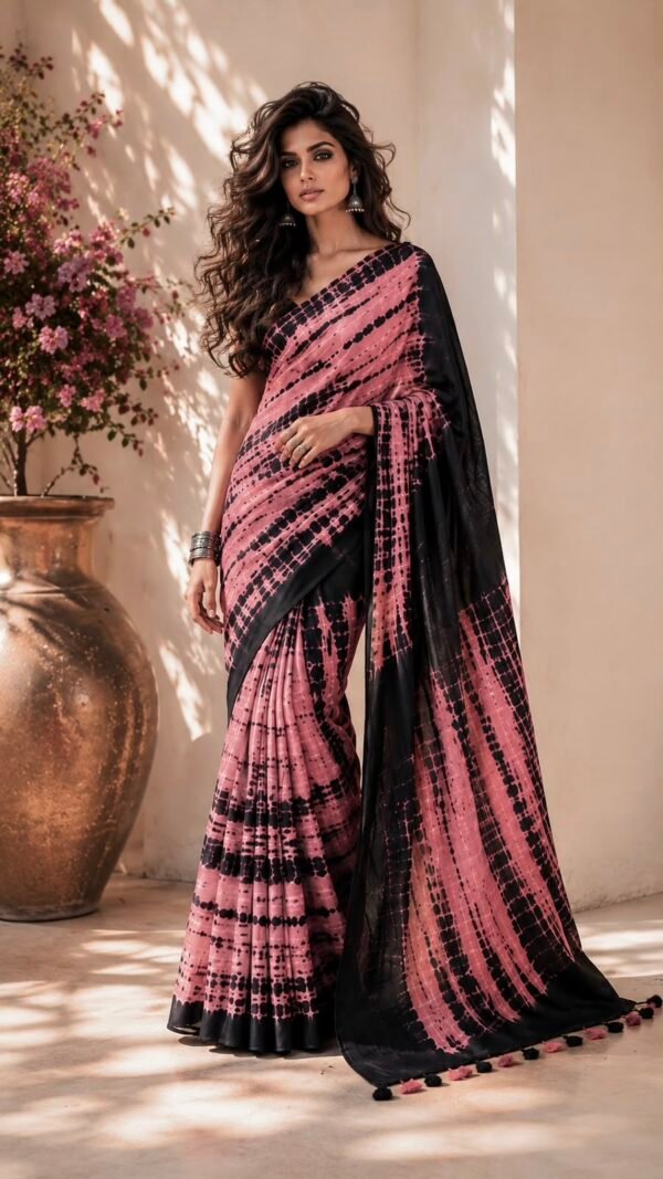Sayam </br> Mul Cotton Saree in Dusty Rose with Shibori-Print Black Pattern