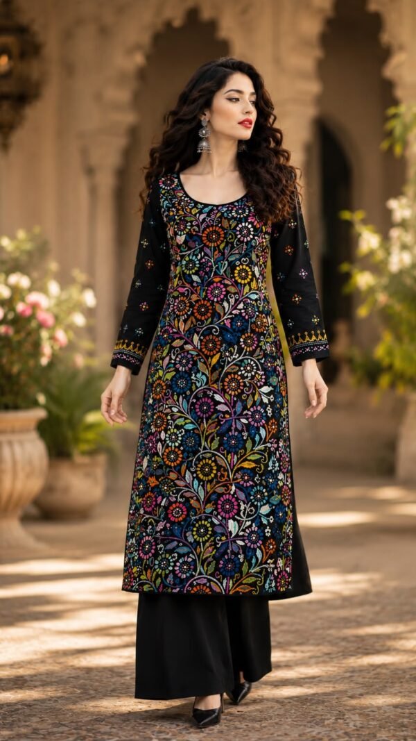 Utsav </br>Kantha Hand-Embroidered Kurta in Black with Multicolour Garden Front