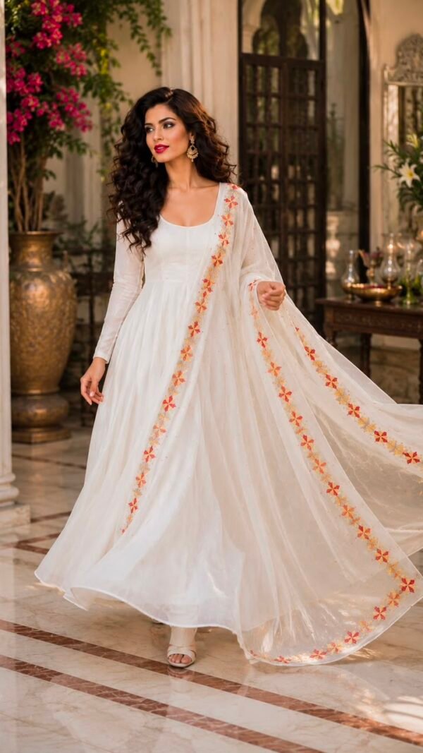 Phulwari</br>Chiffon Dupatta in White with Multicolour Phulkari Star Border and Scattered Buti