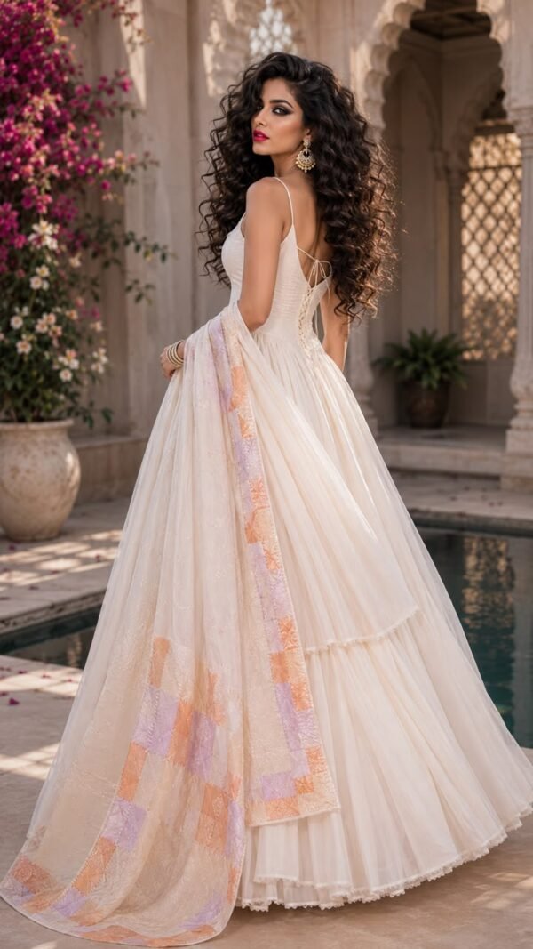 Komal </br> Chiffon Dupatta in Peach with Two-Tone Phulkari Block Border in Peach and Lavender