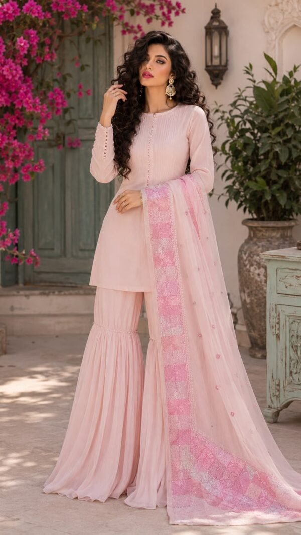 Motia </br> Chiffon Dupatta in Baby Pink with Phulkari Geometric Border and Pearl-Centred Flower Buti