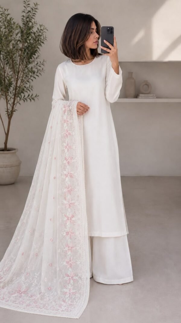 Ujjwal</br> Chiffon Dupatta in White with Large Phulkari Snowflake Border in Pink and Silver