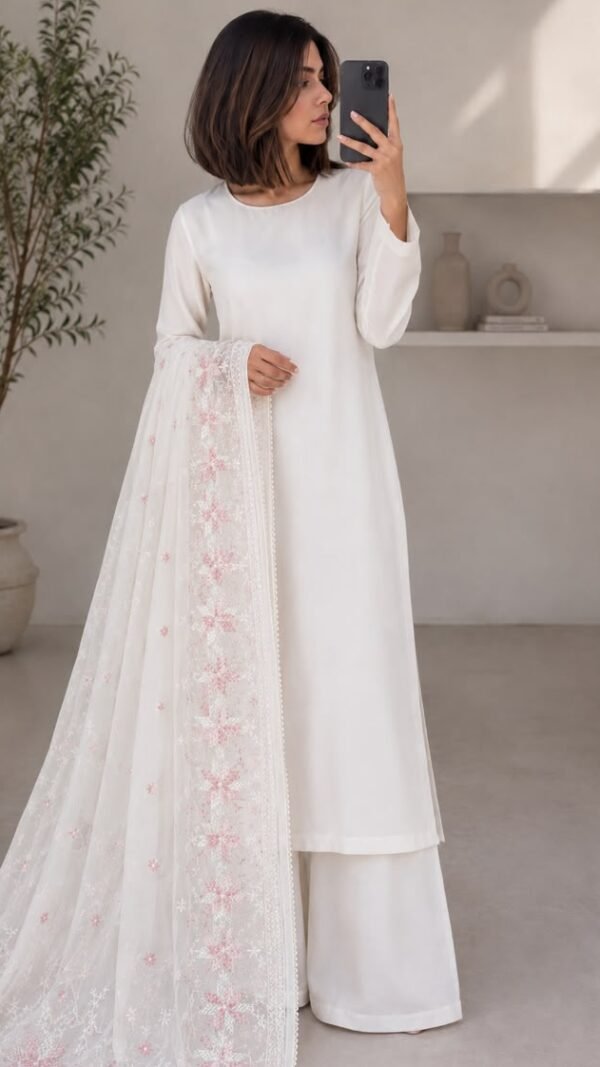 Ujjwal</br> Chiffon Dupatta in White with Large Phulkari Snowflake Border in Pink and Silver