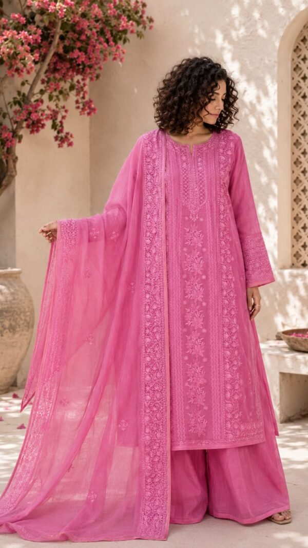 Gulnar</br>Kota Silk Chikankari 3-Piece Stitched Suit in Hot Pink