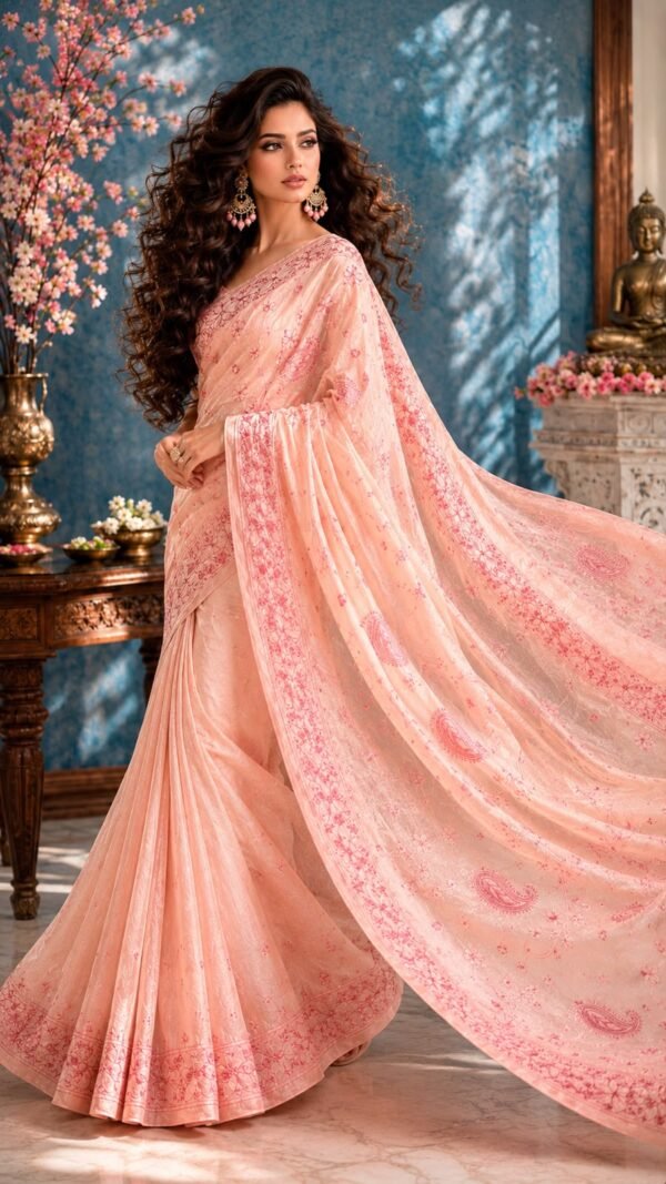 Keri </br> Tussar Silk Saree in Blush Pink with Hand Chikankari