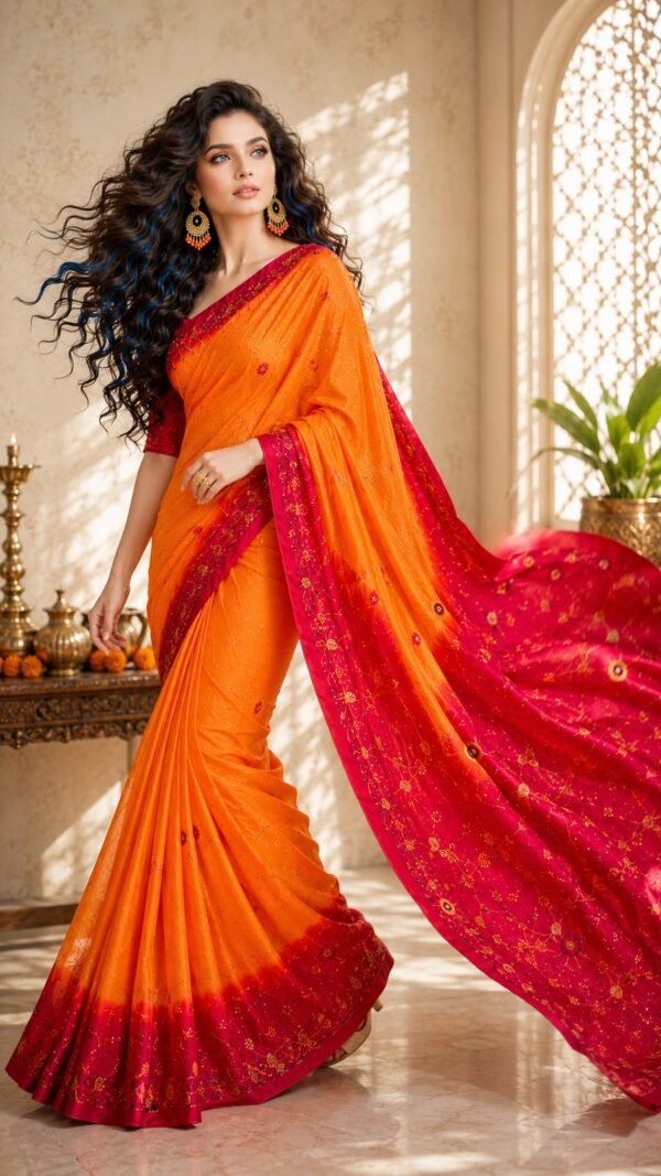 Agni </br> Crepe Saree in Orange-to-Magenta Ombre with Hand Embroidery and Sequin Pallu