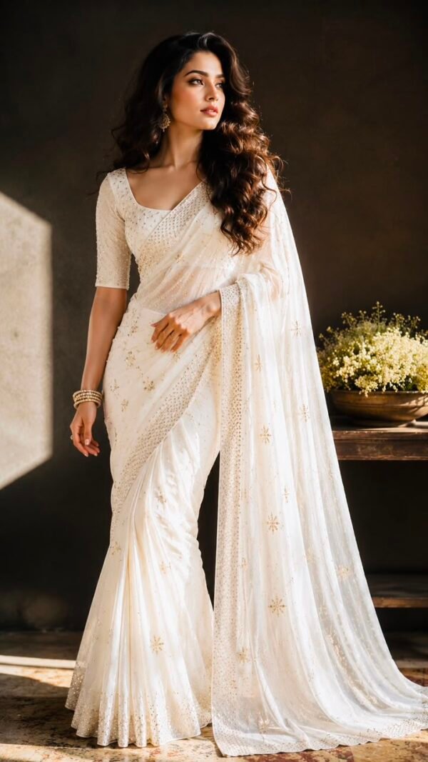 Chandni</br> Pure Georgette Saree in Ivory with All-Over Mukaish Gold Work