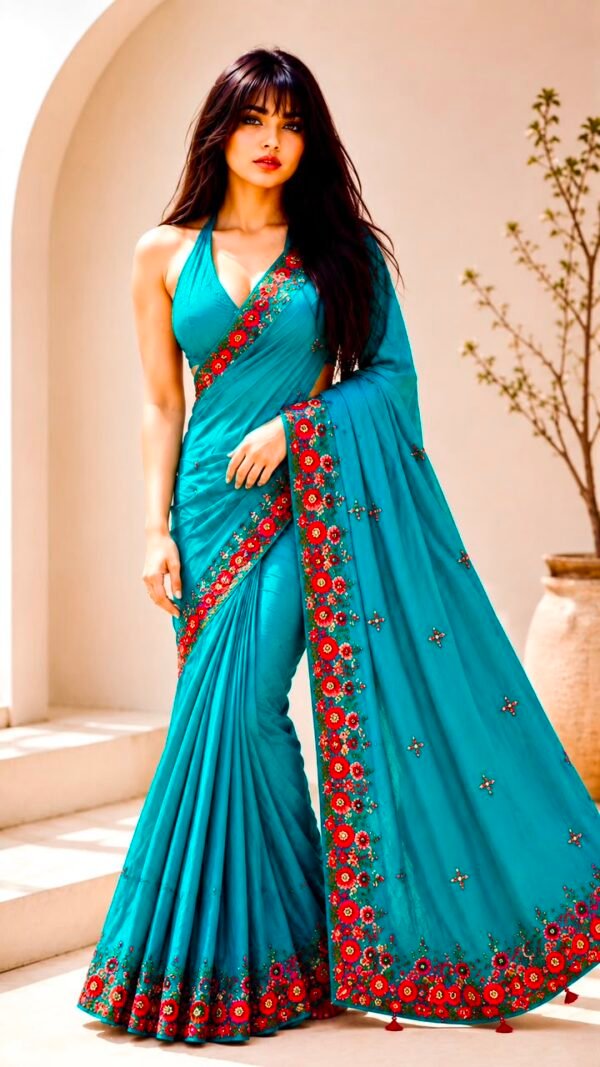 Bahar </br>Crepe Saree in Teal with Hand-Embroidered Red Floral Border and Sequin Work