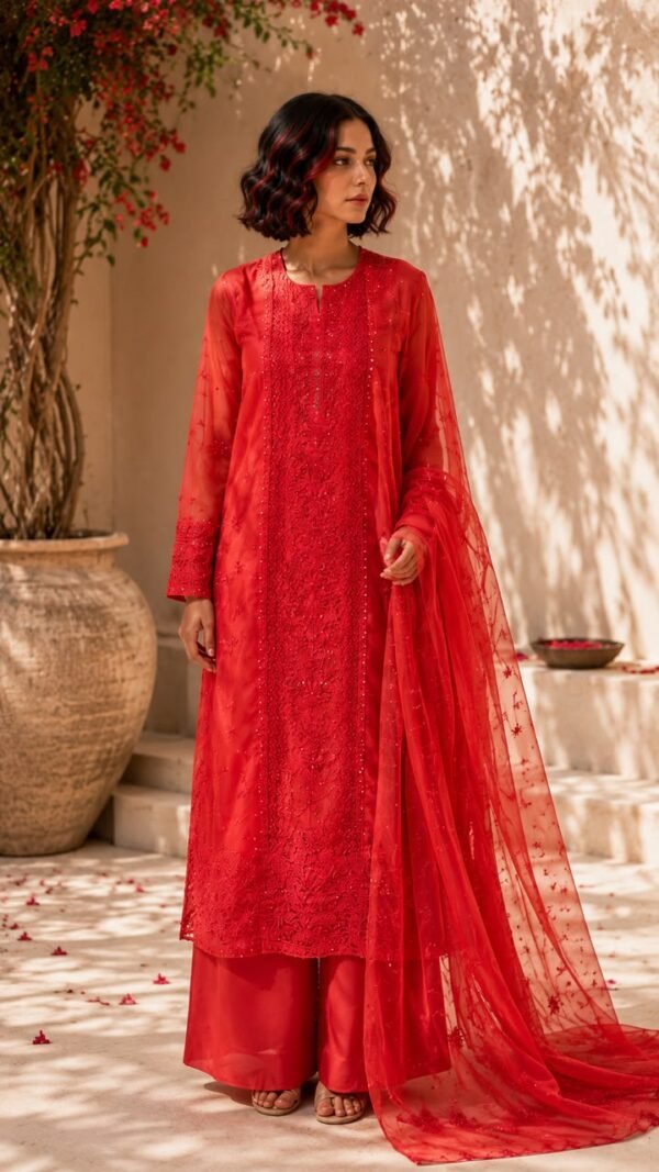 Anar</br>Organza Chikankari 3-Piece Stitched Suit in Tomato Red with Cotton Lining