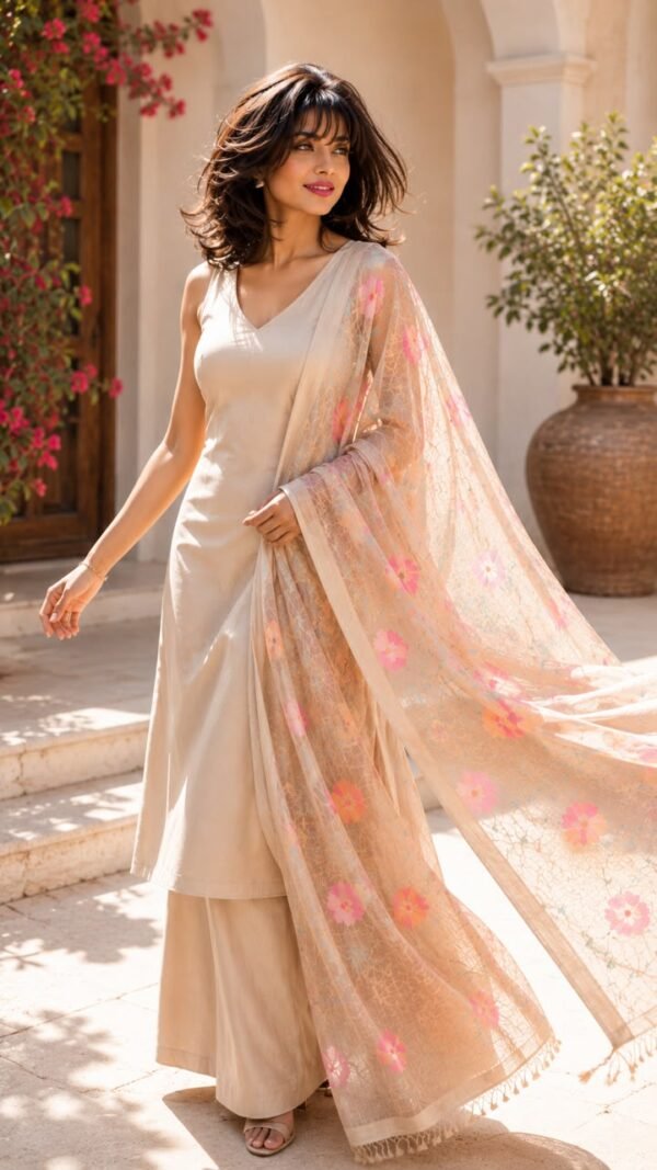 Madhur </br>Pure Raw Silk Unstitched 3-Piece Suit in Champagne with Woven Floral