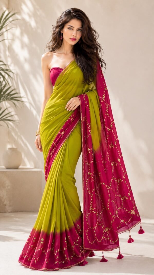 Mehndi </br>Product Name Crepe Saree in Olive Green-to-Magenta Ombre with Lime Green Hand Embroidery